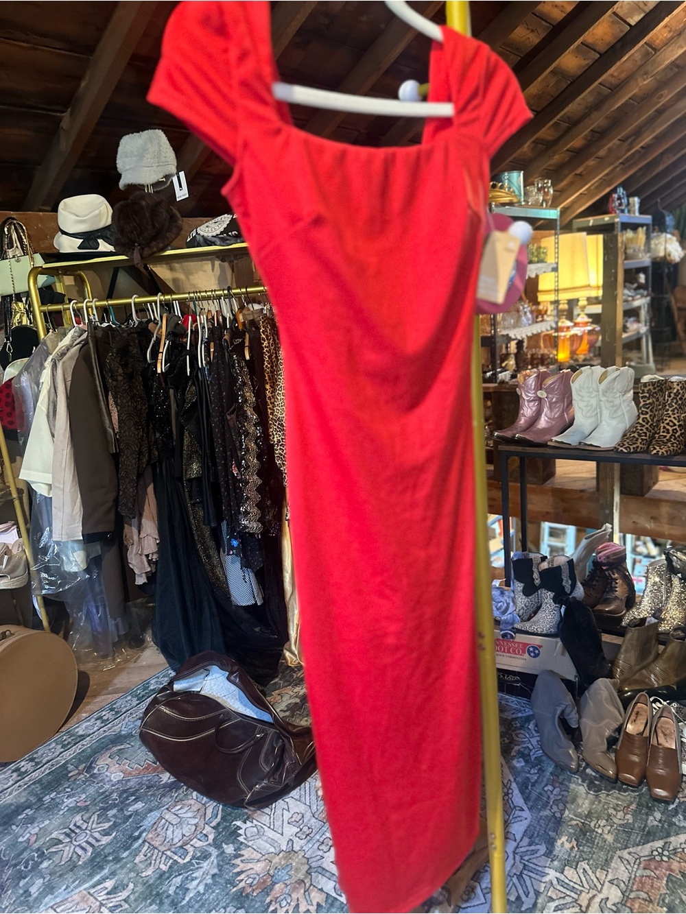 Popilush Red Square-Neck Maxi Dress with Cap Sleeves